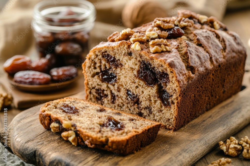 freshly baked loaf of date nut bread, sliced to reveal its rich, moist texture, with a warm, rustic setting including a wooden cutting board, walnuts, and a jar of dates in the background freshly baked loaf of date nut bread, sliced to reveal its rich, moist texture, with a warm, rustic setting including a wooden cutting board, walnuts, and a jar of dates in the background