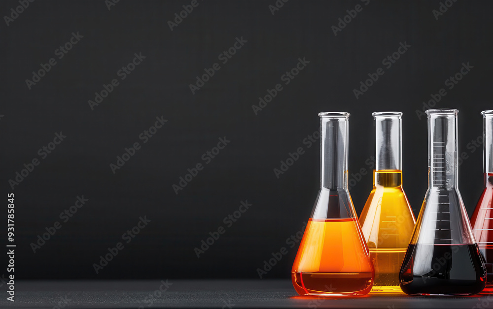 Set of beakers with liquids of varying colors, creating a gradient, set against a black background for contrast, Lab Science, Chemical Experimentation Set of beakers with liquids of varying colors, creating a gradient, set against a black background for contrast, Lab Science, Chemical Experimentation