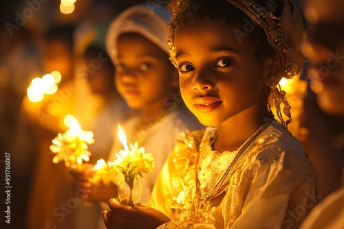 girls in traditional Ethiopian clothing, holding small candles and Meskel flowers, participating in a New Year's procession ritual, with warm, golden lighting capturing the festive spirit