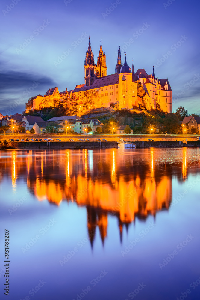 Meissen, Germany. Twilight blue sky over Albrechtsburg and the River Elbe, Saxony.