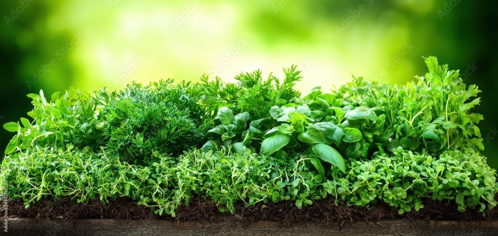 Vibrant green herbs growing in soil, showcasing freshness and health, ideal for culinary and gardening themes. Vibrant green herbs growing in soil, showcasing freshness and health, ideal for culinary and gardening themes.