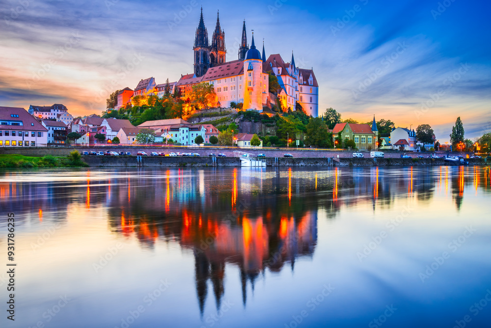 Meissen, Germany. Albrechtsburg Cathedral reflection on the River Elbe, Saxony.