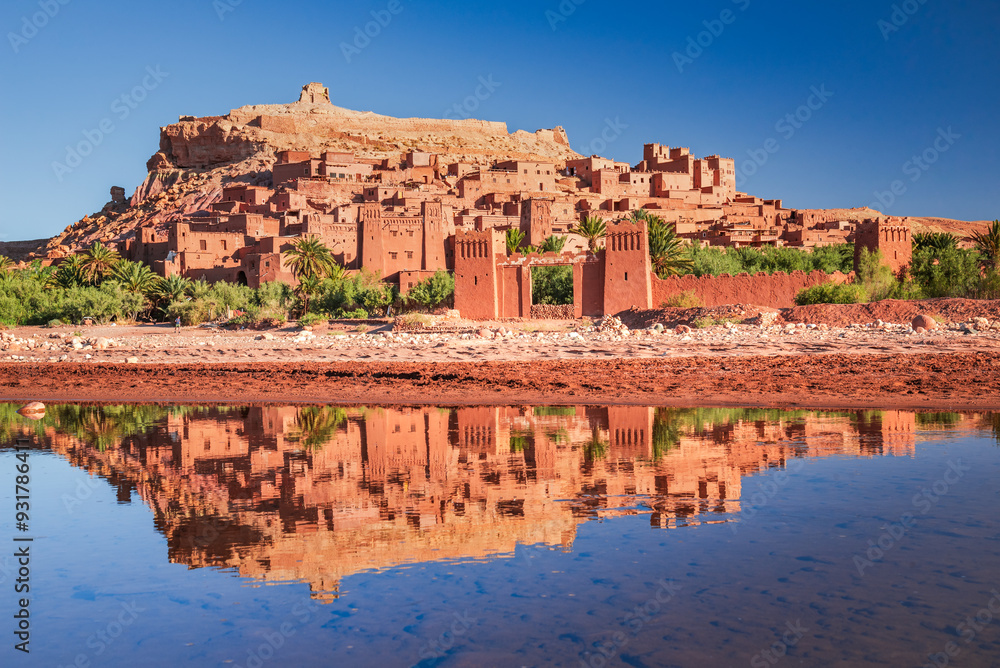 Ait Ben-Haddou, Morocco. Beautiful water reflection, medieval Moroccan ksar High Atlas mountains.
