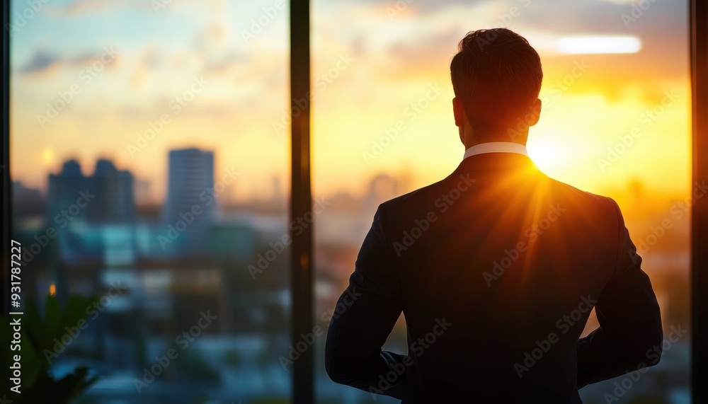 A business professional gazes at a stunning sunset from a high-rise office, symbolizing ambition and new horizons. A business professional gazes at a stunning sunset from a high-rise office, symbolizing ambition and new horizons.