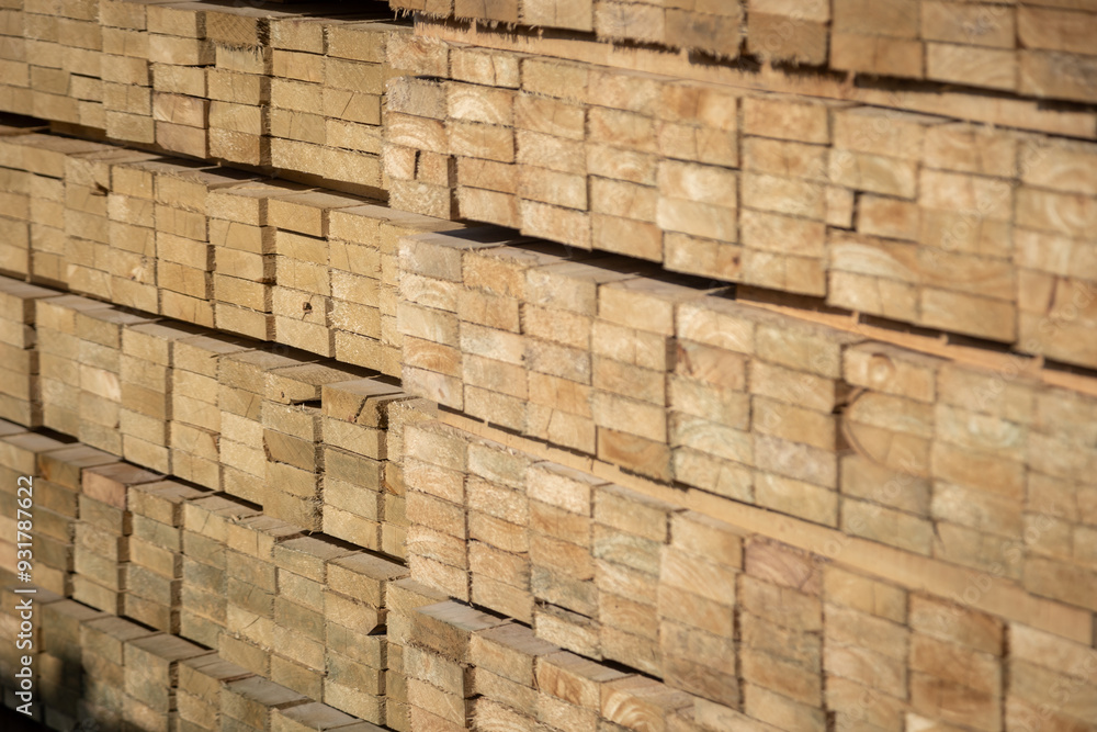Stacked wooden planks in a lumberyard, showing various shades and textures of the wood, arranged in neat rows.. Stacked wooden planks in a lumberyard, showing various shades and textures of the wood, arranged in neat rows..