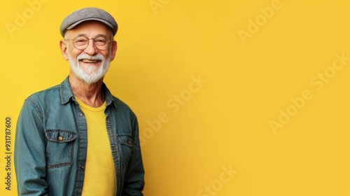 Happy senior man with beard and glasses wearing casual denim shirt and cap against vibrant yellow wall