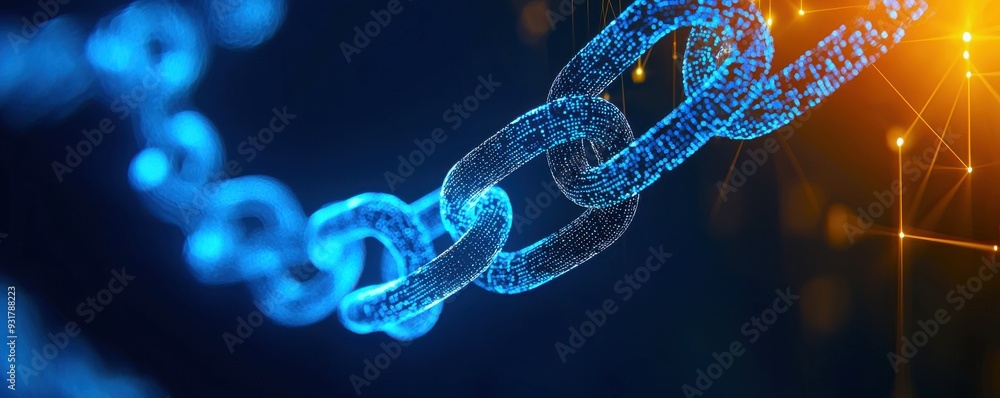 A close-up of a digital chain symbolizing connection, security, and blockchain technology in a vibrant, futuristic setting. A close-up of a digital chain symbolizing connection, security, and blockchain technology in a vibrant, futuristic setting.