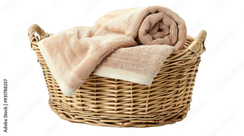 Obraz premium Clean and fresh towels neatly placed in a woven basket, highlighting their softness and organization isolated on transparent background cutout png