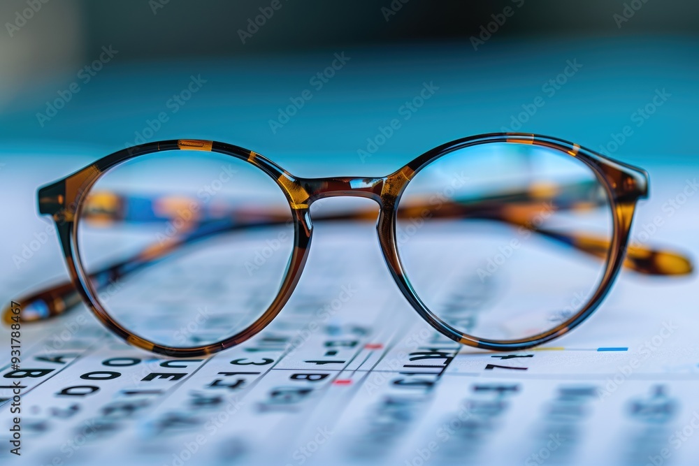 Tortoiseshell eyeglasses with round frames resting on a calendar, blurry background. Tortoiseshell eyeglasses with round frames resting on a calendar, blurry background.
