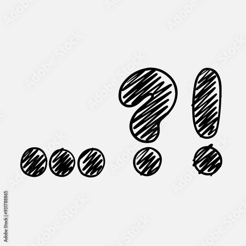 Trendy signs, ellipsis, question, exclamation mark, handwritten like a child. Vector lettering illustration for graphic tee shirt. Print to sticker, banner, badge, design, flyer, web, advertising