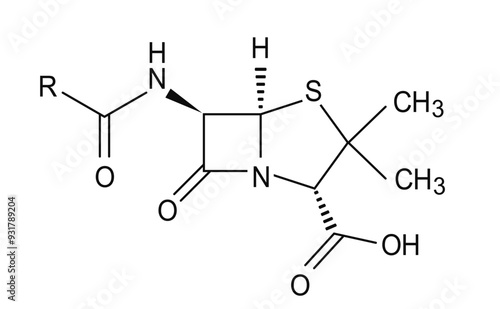 Penicillin chemical formula, molecule structure on white background
