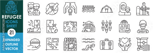 A set of line icons related to Refugee. Refuge, border, war, help, immigrants, ship, crisis, love, protection, medical care, and so on. Vector outline icons set.