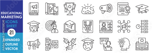 A set of line icons related to Educational Marketing. Education, market, promote, graduate, megaphone, business, target audience, digital, and so on. Vector outline icons set.