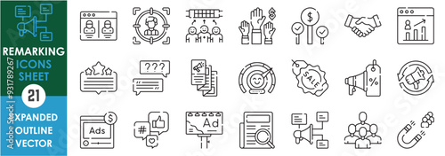 A set of line icons related to Remarking. Market, sell, advertise, review, customer, megaphone, magnet, customer satisfaction, sale, target, bidding, and so on. Vector outline icons set.