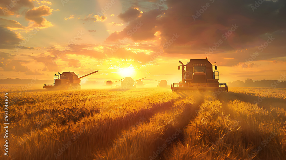 Fototapeta premium Group of harvesters harvesting ripe wheat field in autumn with sunset. Concept of agriculture, agronomy and crop collection.