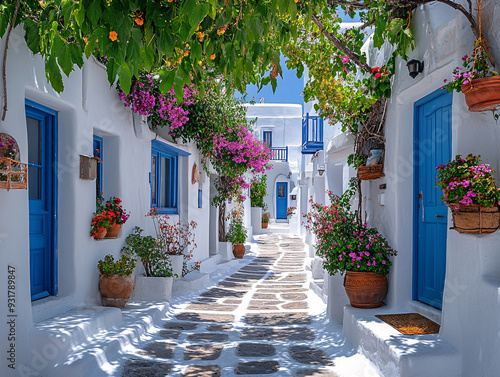 Fototapeta Naklejka Na Ścianę i Meble -   a charming scene in a Greek village, featuring a narrow cobblestone street with white houses and blue doors, lined with potted plants and flowers.