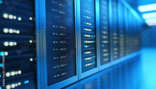 A close-up view of a modern data server unit illuminated by blue lights, showcasing advanced technology in a digital environment.