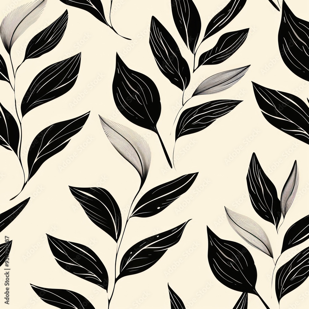 Fototapeta premium Seamless floral pattern of abstract black leaves on a creamy beige background.