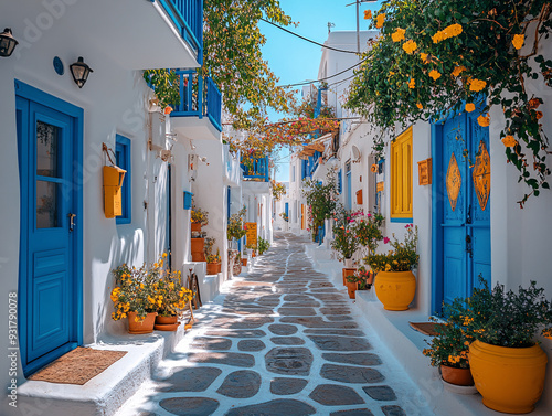 Fototapeta Naklejka Na Ścianę i Meble -   a charming scene in a Greek village, featuring a narrow cobblestone street with white houses and blue doors, lined with potted plants and flowers.
