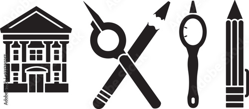 A clean vector icon set including a pencil, eraser, school building, and scissors 