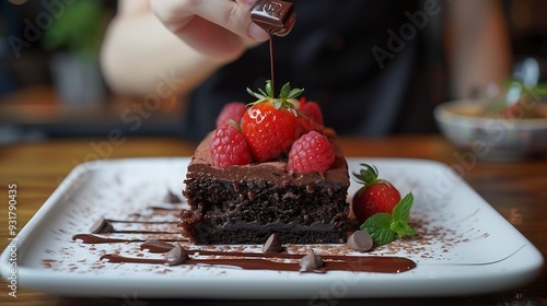 Sweet treat with a rich chocolate cake topped with fresh strawberries Woman hand take a chocolate candy from plate Luxury restaurant with delicious food : Generative AI