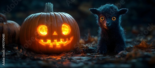 Haunting Halloween Pumpkin and Eerie Zombie Goat Creature Under Dark Skies