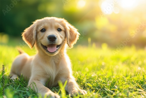 Cute little puppy on a green lawn at golden hour