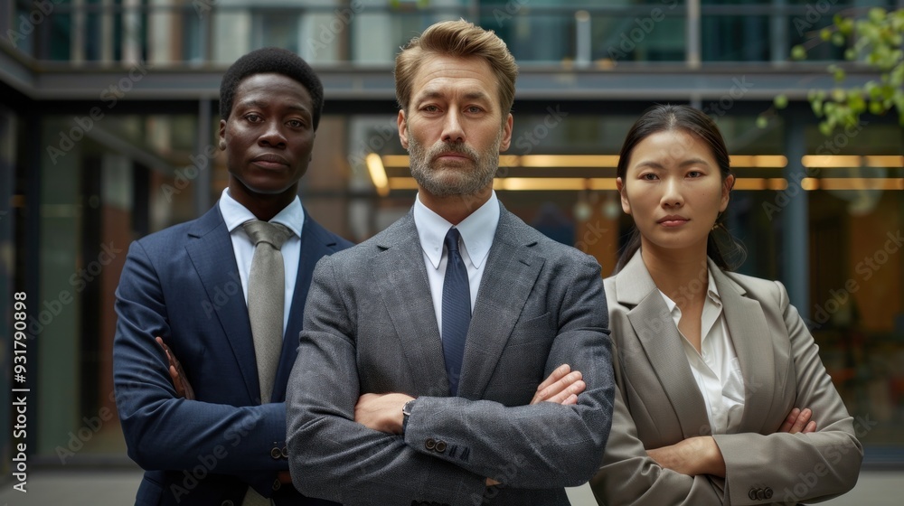 Three businessmen, man and woman focus on camera with arms crossed, portrait of coworkers outside office building Three businessmen, man and woman focus on camera with arms crossed, portrait of coworkers outside office building