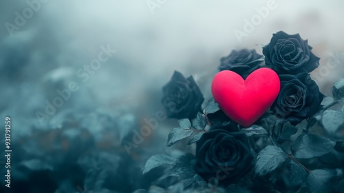 Red heart among black roses in a photo