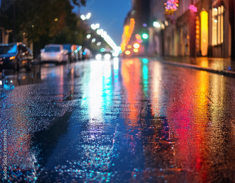 Obraz premium Rainy Night City Street with Colorful Lights Reflecting on Wet Pavement