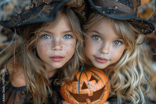 Charming witches with jack-o-lanterns at Halloween