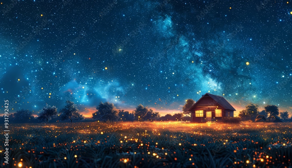 A house with lights in the window under an open sky full of stars A house with lights in the window under an open sky full of stars