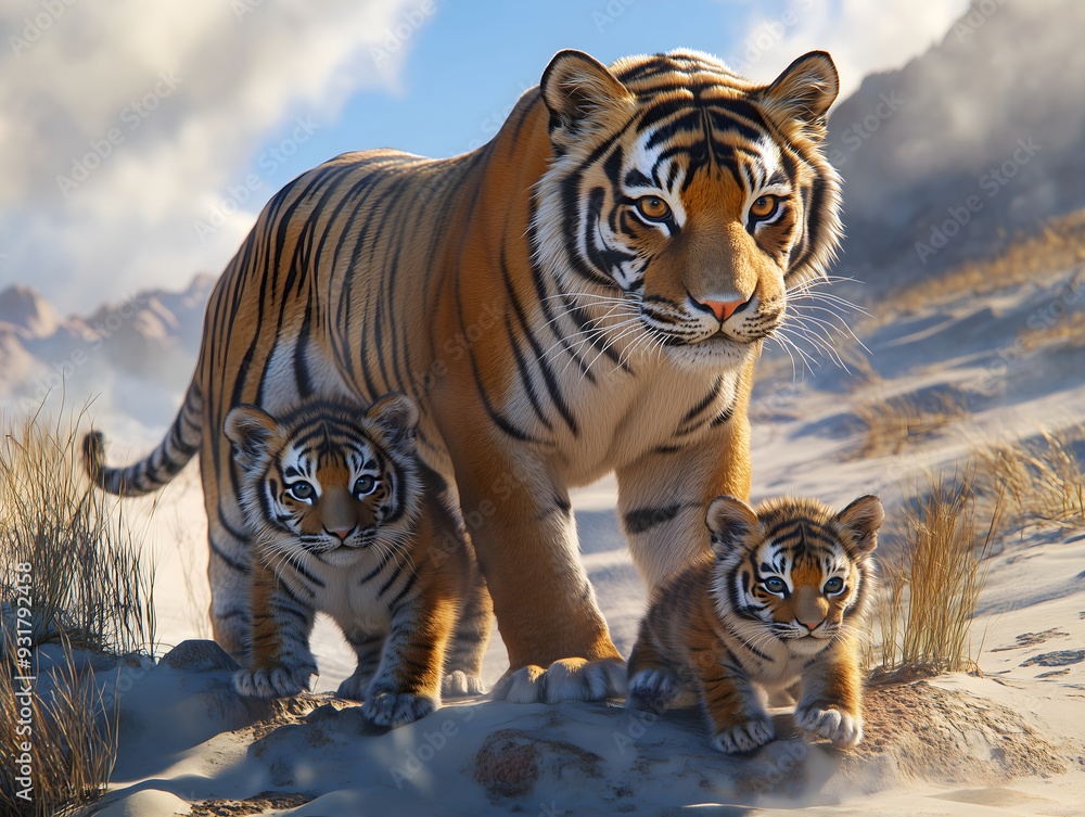 Obraz premium Tigeress with her two cubs in the desert