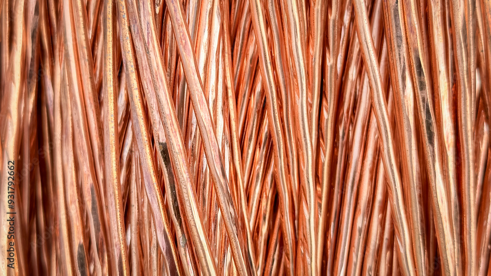 Aligned copper wires displaying consistent patterns and detailed textures in a parallel arrangement. Aligned copper wires displaying consistent patterns and detailed textures in a parallel arrangement.