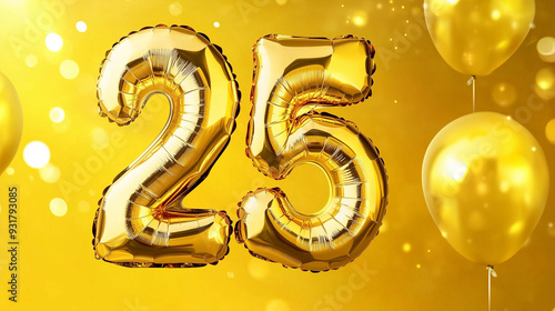 Golden foil balloons in the shape of the number 25 on a bright yellow background with bokeh lights, celebrating a milestone birthday. Perfect for birthday banners, milestone celebrations, and festive  photo