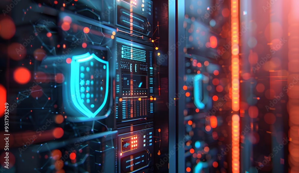 Obraz premium A close up of digital data storage with glowing symbols representing a shield and lock, set against the backdrop of dark server cabinets in an office environment.