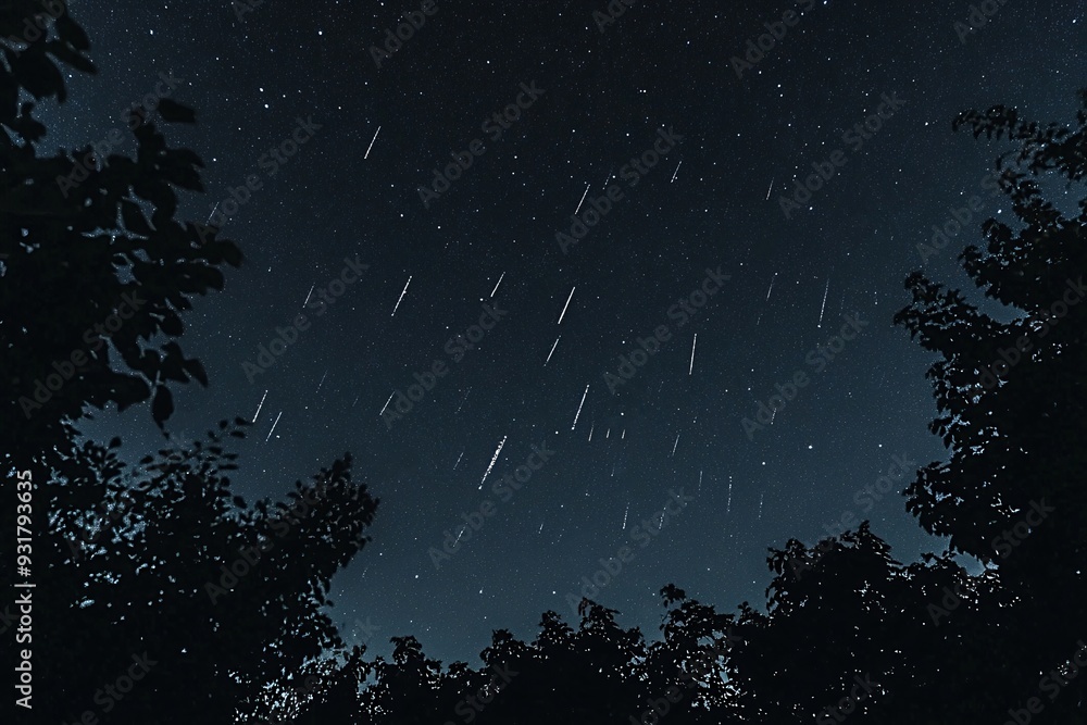 Beautiful clear night sky full of stars with many shooting stars falling down Beautiful clear night sky full of stars with many shooting stars falling down