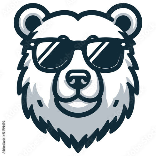 Cool bear wearing sunglasses illustration, modern black and white style, perfect as logo