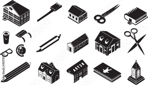 A clean vector icon set including a pencil, eraser, school building, and scissors 