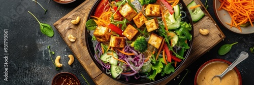 Overhead view of a salad featuring glass noodles, vegetables, tofu, and nut dressing on a wooden cutting board.