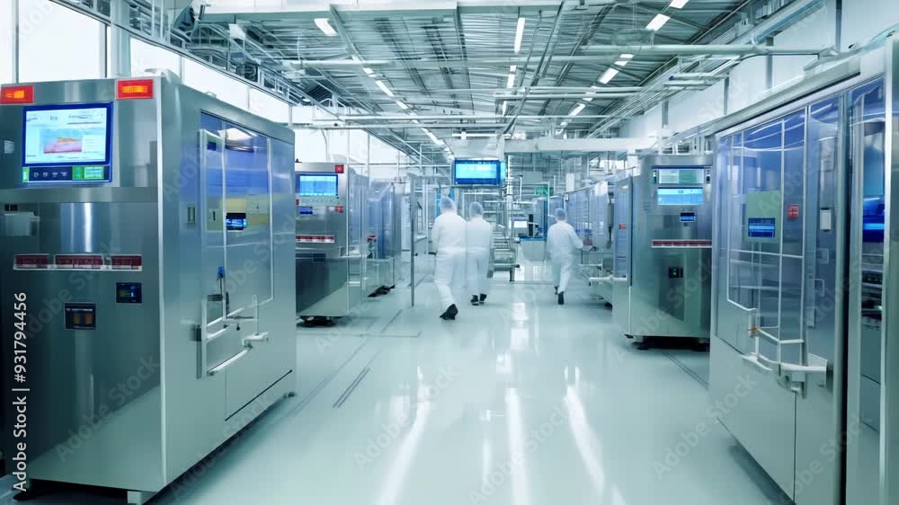 High-Tech Steak Factory Production Line with Workers in Isolation Suits High-Tech Steak Factory Production Line with Workers in Isolation Suits