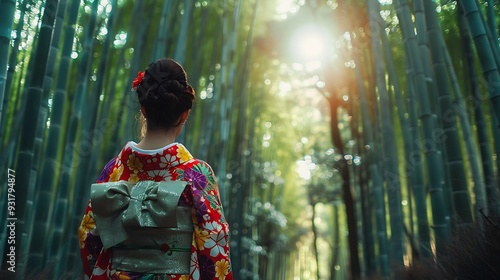 Bamboo Forest Asian woman wearing japanese traditional kimono at Bamboo Forest in Kyoto Japan : Generative AI