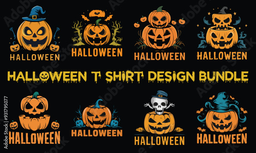 Halloween T-shirt design bundle costume template. Happy Halloween scary trendy vector t-shirt design. Halloween vector clothing apparel t-shirt design bundle for man, woman and children