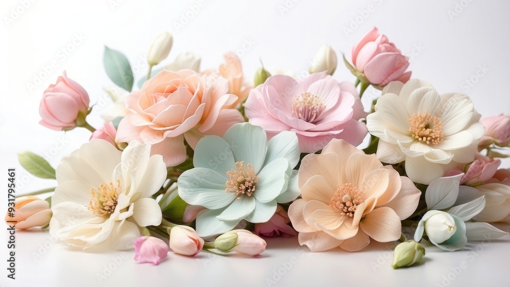 Soft pastel flowers on a white background, elegant and springtime Soft pastel flowers on a white background, elegant and springtime