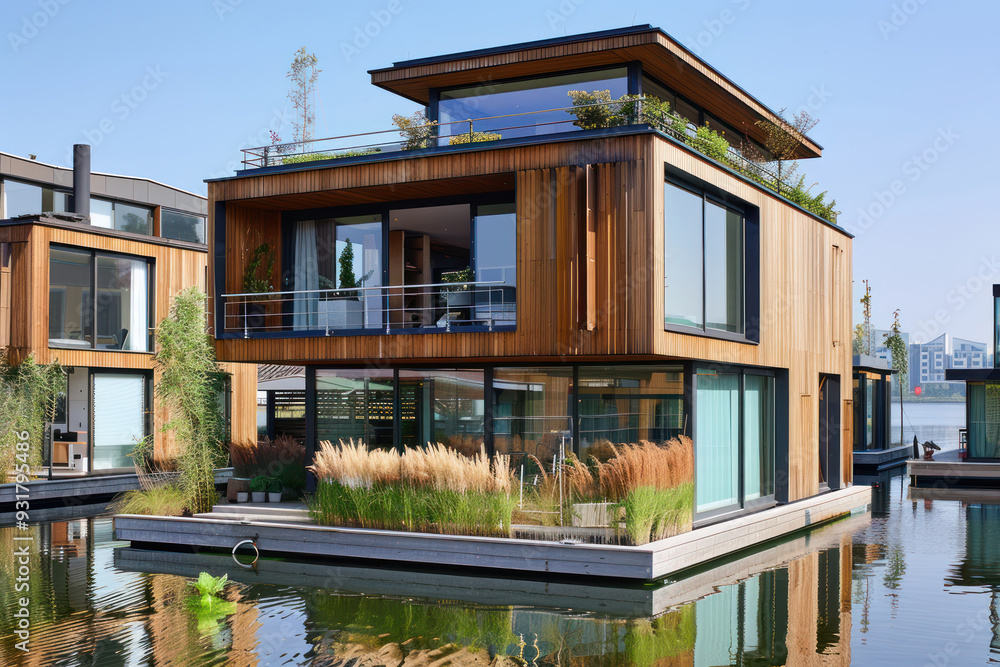 Fototapeta premium Eco-friendly homes by the tranquil water