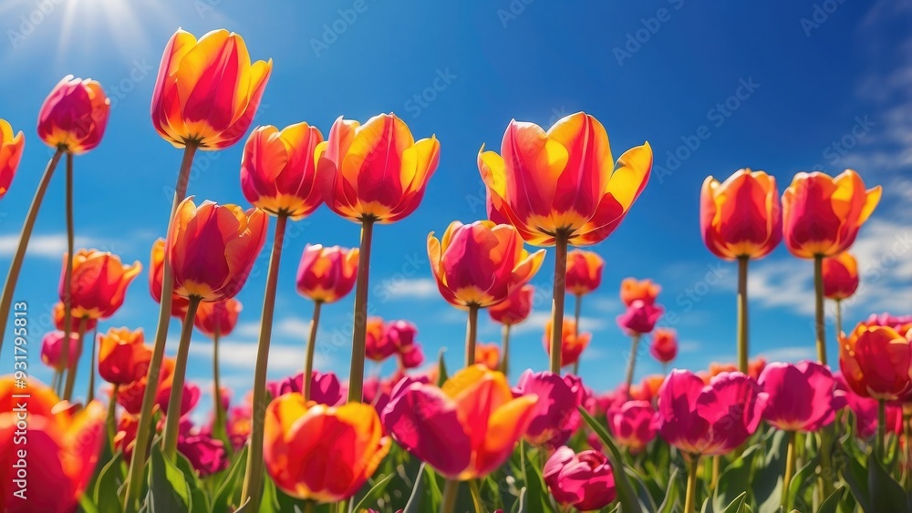 Bright tulips under a clear sky, vibrant and cheerful.- Bright tulips under a clear sky, vibrant and cheerful.-
