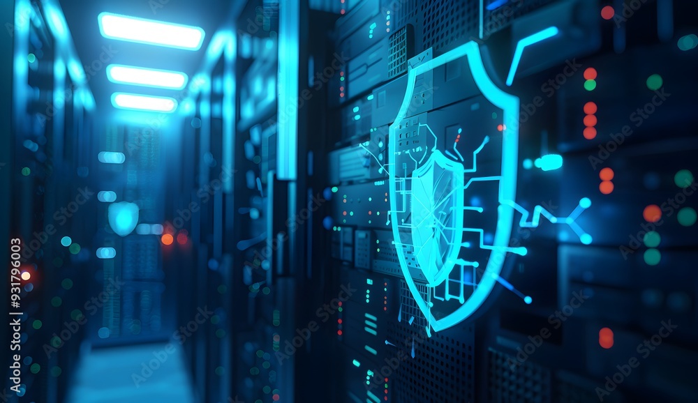 A close up of digital data storage with glowing symbols representing a shield and lock, set against the backdrop of dark server cabinets in an office environment. A close up of digital data storage with glowing symbols representing a shield and lock, set against the backdrop of dark server cabinets in an office environment.