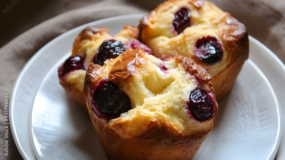Close-up of three cherry muffins on a white plate. Close-up of three cherry muffins on a white plate.