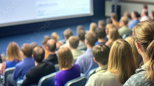 Wallpaper Mural People sitting in a conference hall, attentively watching a presentation. Group focused on lecture, learning in an academic or professional environment. Torontodigital.ca