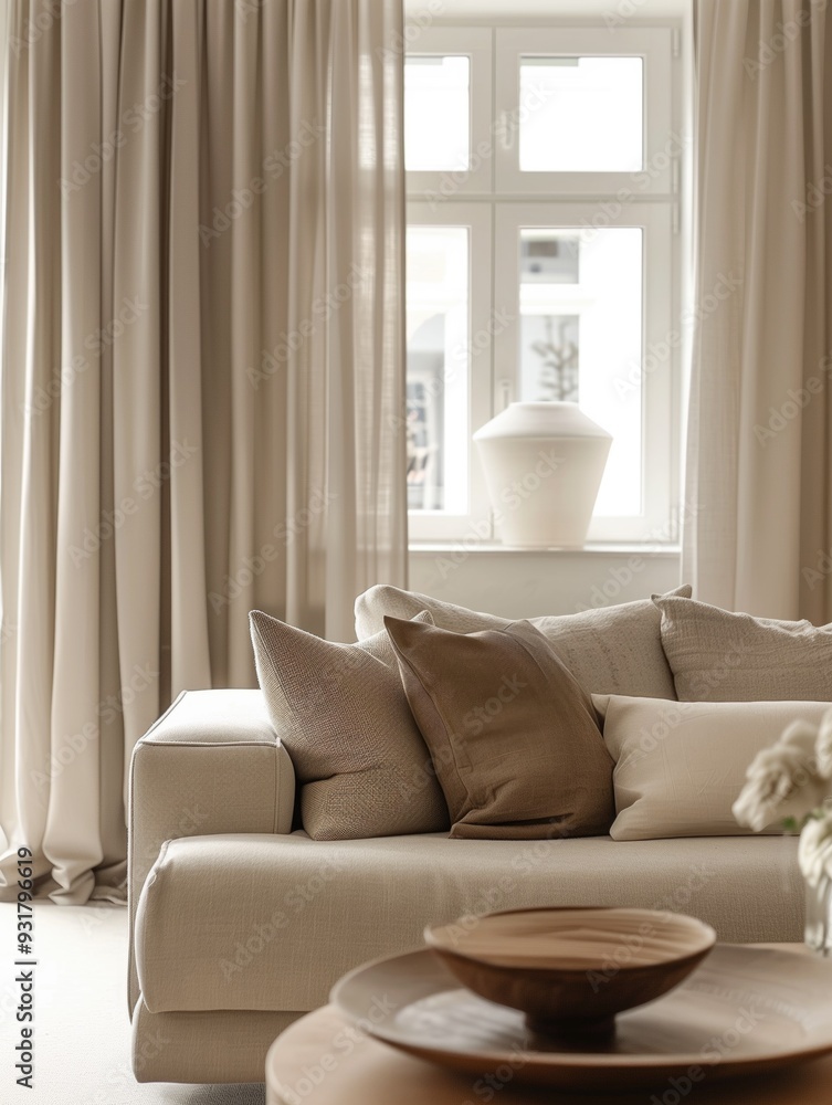 Neutral living room with soft beige sofa and decorative wooden bowl, bathed in natural light. Concepts of cozy interior design, minimalist style, and serene home ambiance. Neutral living room with soft beige sofa and decorative wooden bowl, bathed in natural light. Concepts of cozy interior design, minimalist style, and serene home ambiance.